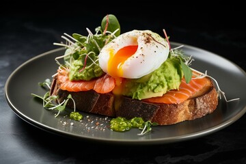 A crunchy avocado toast paired with salmon and a fried egg. Generative AI