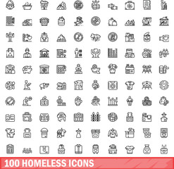 100 homeless icons set. Outline illustration of 100 homeless icons vector set isolated on white background