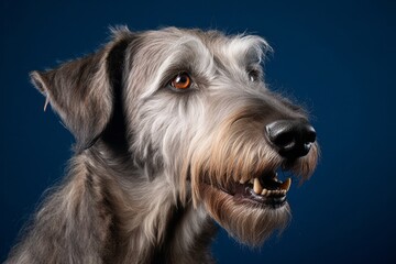 Medium shot portrait photography of a happy irish wolfhound dog wearing a cashmere sweater against a navy blue background. With generative AI technology