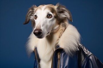 Medium shot portrait photography of a funny borzoi wearing a leather jacket against a navy blue background. With generative AI technology
