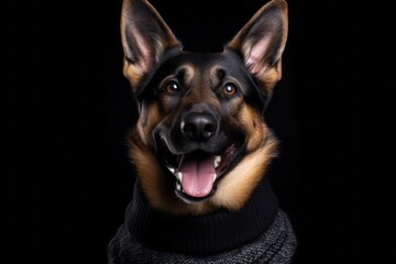 Medium shot portrait photography of a happy german shepherd wearing a jumper against a matte black background. With generative AI technology