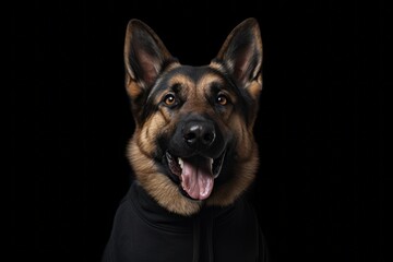 Medium shot portrait photography of a happy german shepherd wearing a jumper against a matte black background. With generative AI technology