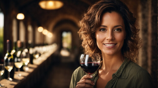 image of woman toasting wine in a vineyard in the daytime indoors. Happy friends having fun outdoors. Young people enjoying harvest time together outdoors in countryside in a vineyard.