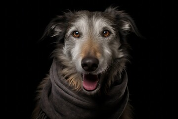 Medium shot portrait photography of a smiling scottish deerhound wearing a warm scarf against a matte black background. With generative AI technology