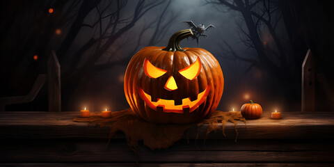 Halloween background with glowing face pumpkins in a mystic forest at night