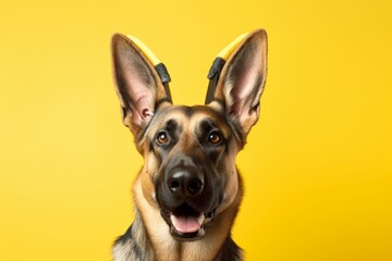 Close-up portrait photography of a funny german shepherd wearing a unicorn horn against a bright yellow background. With generative AI technology - obrazy, fototapety, plakaty