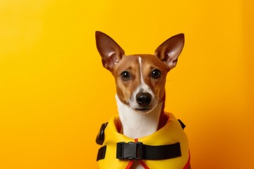 Lifestyle portrait photography of a cute basenji dog wearing a life jacket against a bright yellow background. With generative AI technology