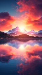 Fototapeta premium A beautiful sunset over a lake with mountains in the background