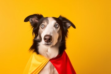 Photography in the style of pensive portraiture of a smiling borzoi wearing a superhero costume against a bright yellow background. With generative AI technology