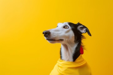 Photography in the style of pensive portraiture of a smiling borzoi wearing a superhero costume against a bright yellow background. With generative AI technology