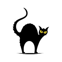 Cartoon startled black cat isolated on a white background, Halloween silhouette cat vector icon illustration, 