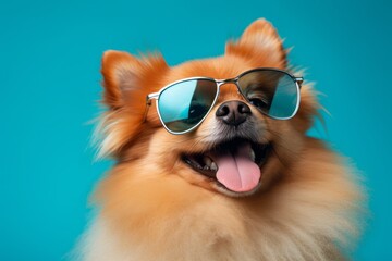 Close-up portrait photography of a funny pomeranian wearing a trendy sunglasses against a teal blue background. With generative AI technology