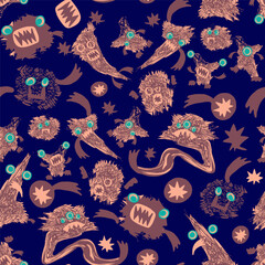 Whimsical flying witchys and monsters in dark and moody tones, Halloween celebration, home decor, package, babys bedding, wallpaper, apparel. Vector illustration. 