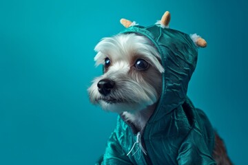 Photography in the style of pensive portraiture of a cute havanese dog wearing a dinosaur costume...