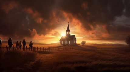 landscape sunset people go to a lonely church against the background of the sunset sky faith religion. - obrazy, fototapety, plakaty