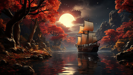 an ancient large sailing ship in the landscape of the red autumn forest. - obrazy, fototapety, plakaty