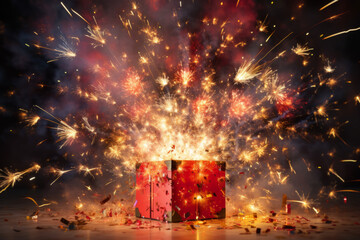 A box containing fireworks. Fireworks exploding. Celebration. Dangerous. Guy Fawkes day. High energy. Action. Pyrotechnics. Bang. - obrazy, fototapety, plakaty