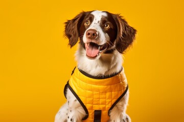 Medium shot portrait photography of a happy brittany dog wearing a cooling vest against a pastel yellow background. With generative AI technology - obrazy, fototapety, plakaty