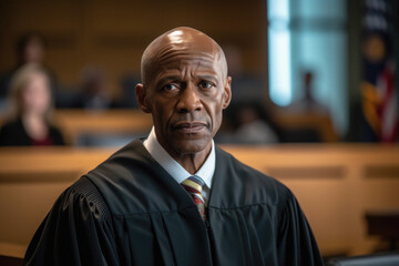 Black Judge sitting in a courtroom portrait