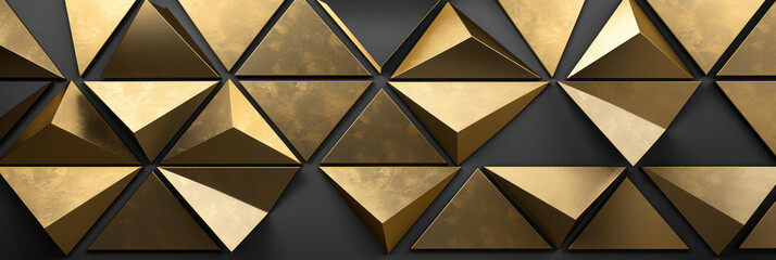 Abstract background. Gold triangles. 3d, depth. Wall design. Faceted. Interior design. Lighting. Angular, Geometric.