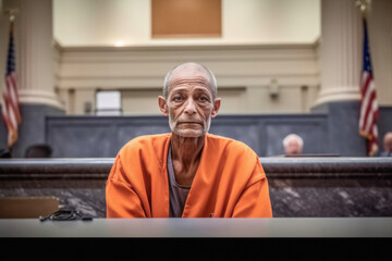 Old man sitting in courtroom wearing orange prisoner clothing