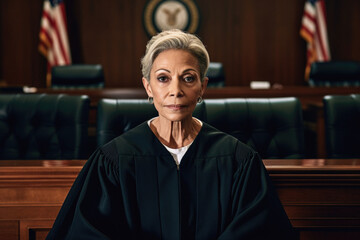 Powerful mature woman judge portrait in courtroom - obrazy, fototapety, plakaty