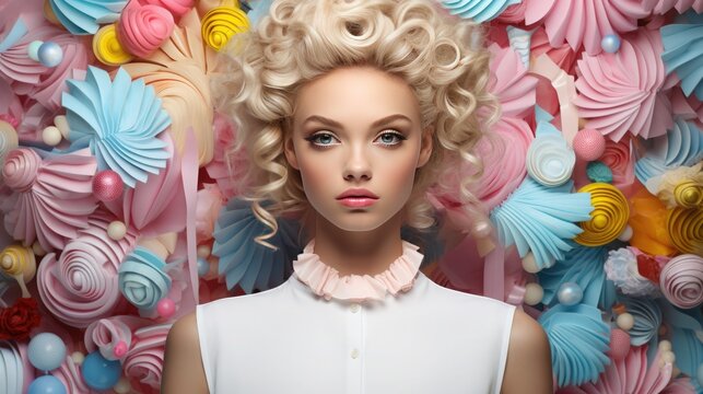 Portrait of a young beautiful attractive blonde woman on a creative background in pastel shades. spring romantic atmosphere