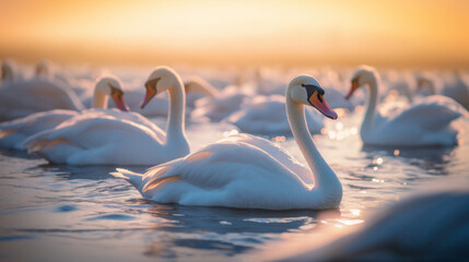 A flock of swans floats on the surface of the lake. Environment protection concept. 