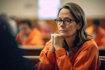 Woman in prison wearing a prisoner orange jumpsuit - obrazy, fototapety, plakaty