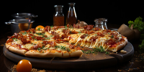 Pizza with stretching cheese on a wooden table on a black background