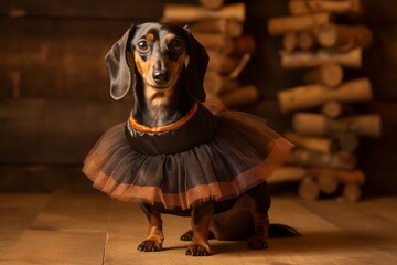 Medium shot portrait photography of a cute dachshund wearing a tutu skirt against a rustic brown background. With generative AI technology