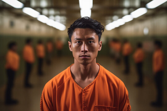 Asian Man wearing prisoner orange jumpsuit portrait