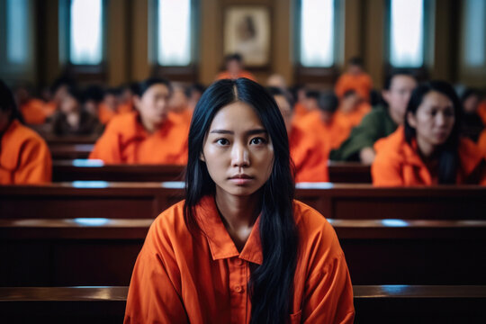 Woman in prison wearing a prisoner orange jumpsuit
