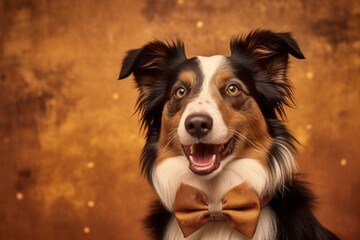 Close-up portrait photography of a happy border collie wearing a cute bow tie against a rustic brown background. With generative AI technology