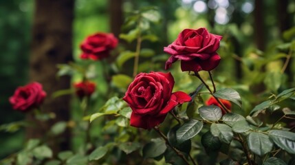 Beautiful red roses on a background of green leaves. Summer landscape. Mother's day concept with a...