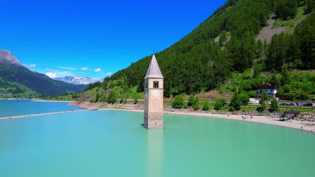 Church tower in Lake Reschen 