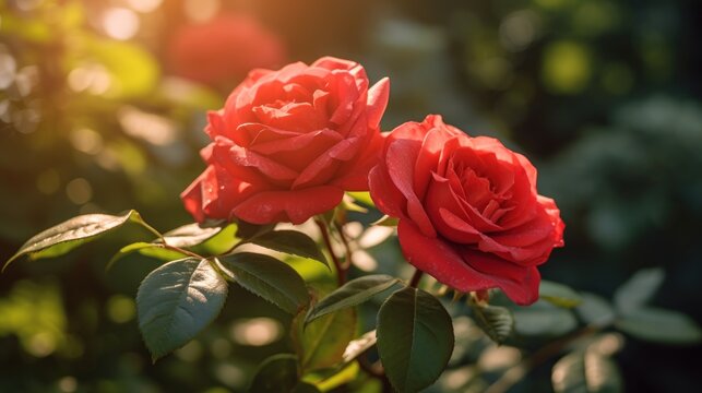 Beautiful red rose on the flowerbed in the garden at sunset. Mother's day concept with a space for a text. Valentine day concept with a copy space.