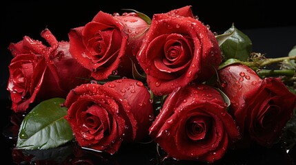 Red roses with water drops on black background. Valentines day concept. Mother's day concept with a space for a text. Valentine day concept with a copy space.