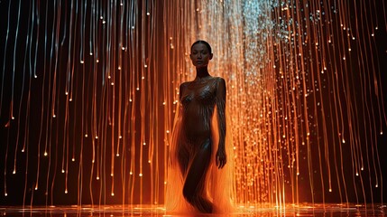 Model in a sleek jumpsuit with fiber-optic threads, posed under a digital waterfall