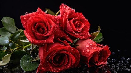Beautiful red roses with water drops on dark background, closeup. Mother's day concept with a space for a text. Valentine day concept with a copy space.