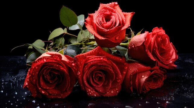 Red roses with water drops on black background. Valentines day background. Mother's day concept with a space for a text. Valentine day concept with a copy space.