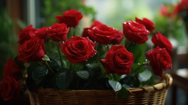 Bouquet of red roses in a wicker basket with water drops. Mother's day concept with a copy space. Valentine day concept with a copy space.