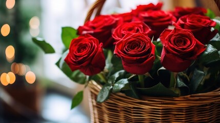 Red roses in a wicker basket on a rainy day in the city. Mother's day concept with a space for a...