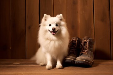 Photography in the style of pensive portraiture of a smiling american eskimo dog wearing a pair of booties against a rustic brown background. With generative AI technology