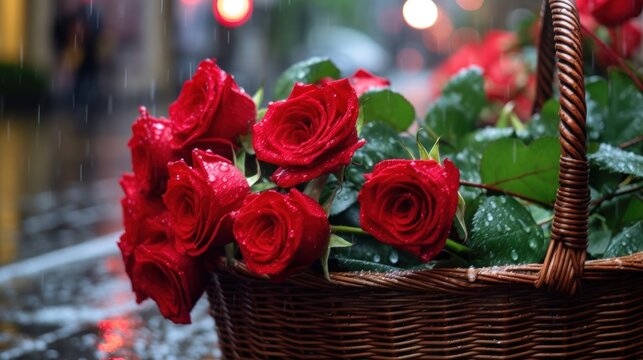 Red roses in a wicker basket on a rainy day in the city. Mother's day concept with a space for a text. Valentine day concept with a copy space.