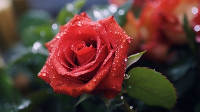 Red rose with dew drops on the petals after a rain. Mother's day concept with a space for a text. Valentine day concept with a copy space.