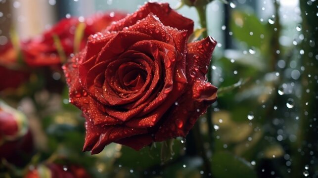 Red rose with dew drops on the petals after a rain. Mother's day concept with a space for a text. Valentine day concept with a copy space.