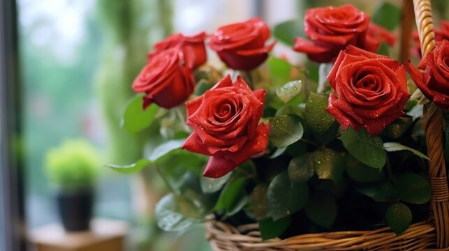 Bouquet of red roses in a basket on the table. Mother's day concept with a space for a text. Valentine day concept with a copy space.