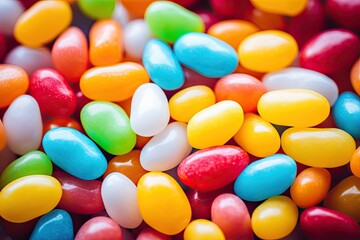 Fototapeta na wymiar Close up shot of a pile colorful jelly beans, texture background. Generative AI