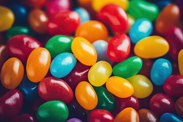 Fototapeta na wymiar Close up shot of a pile colorful jelly beans, texture background. Generative AI